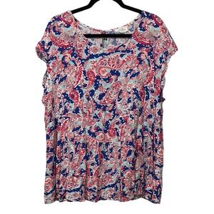 Emily Wonder Pink and Blue‎ Relaxed Pleated Tiered Peplum Ruffle Blouse